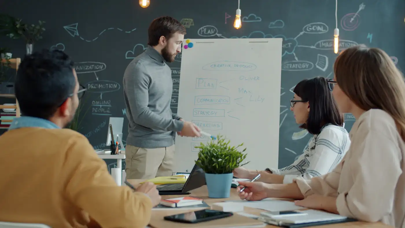 A team mapping a business process on a whiteboard